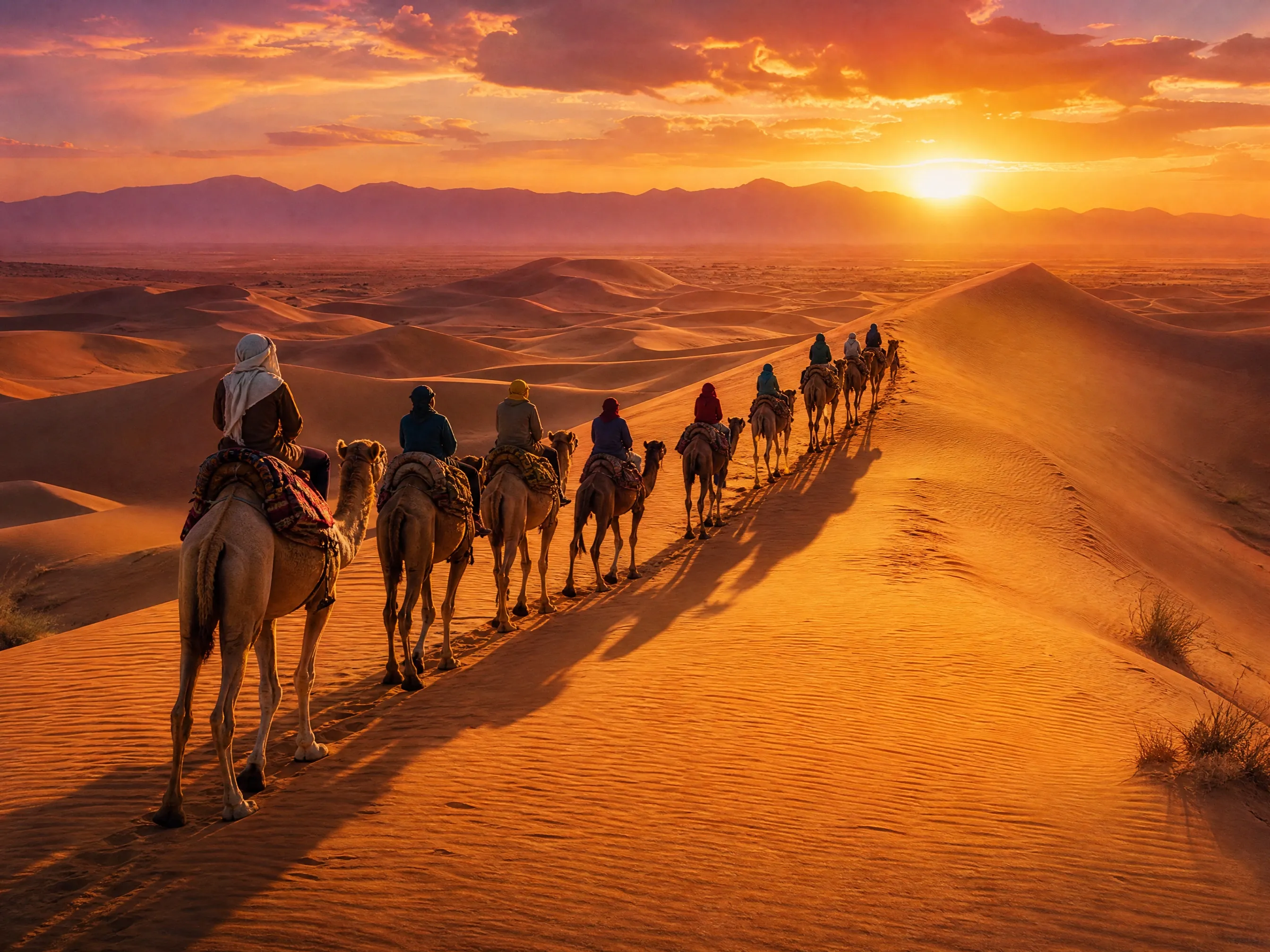 Desert caravan at sunset — AI generated image example