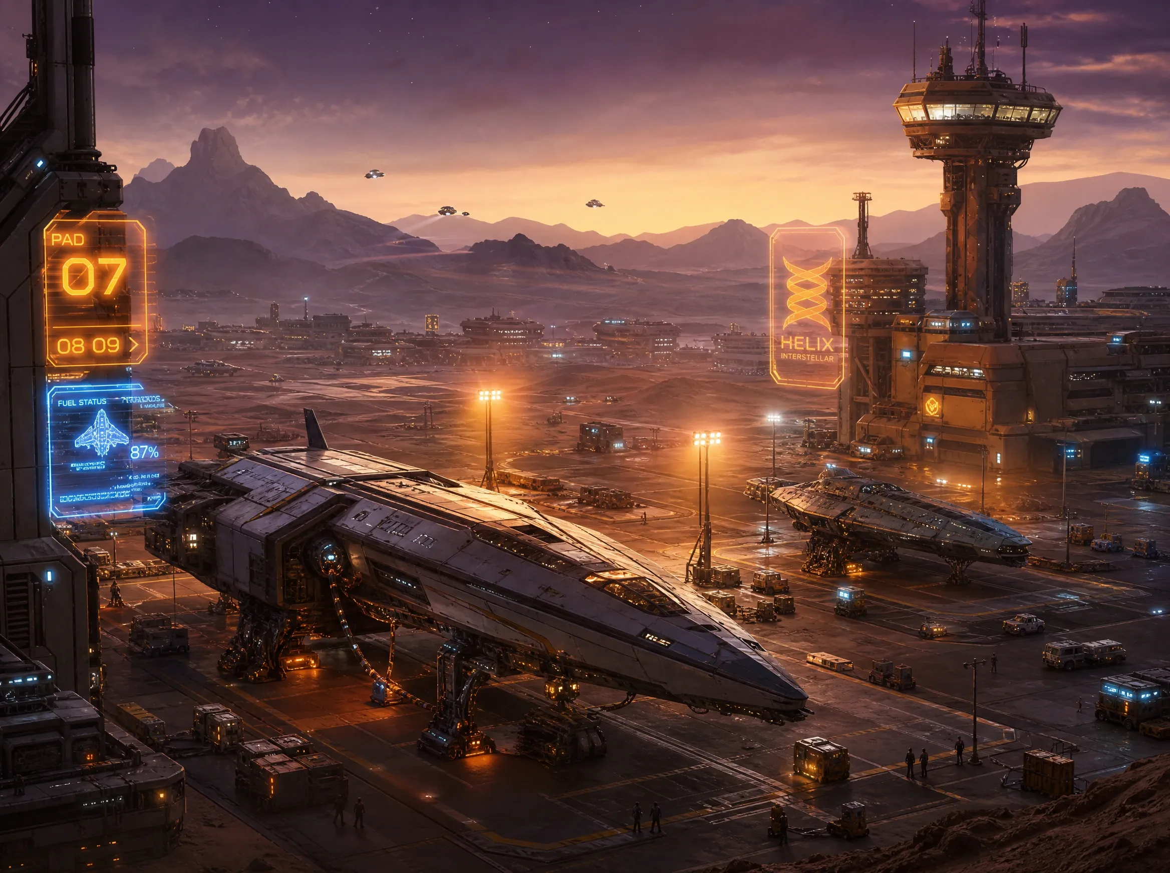 Spaceport at dusk — AI generated image example