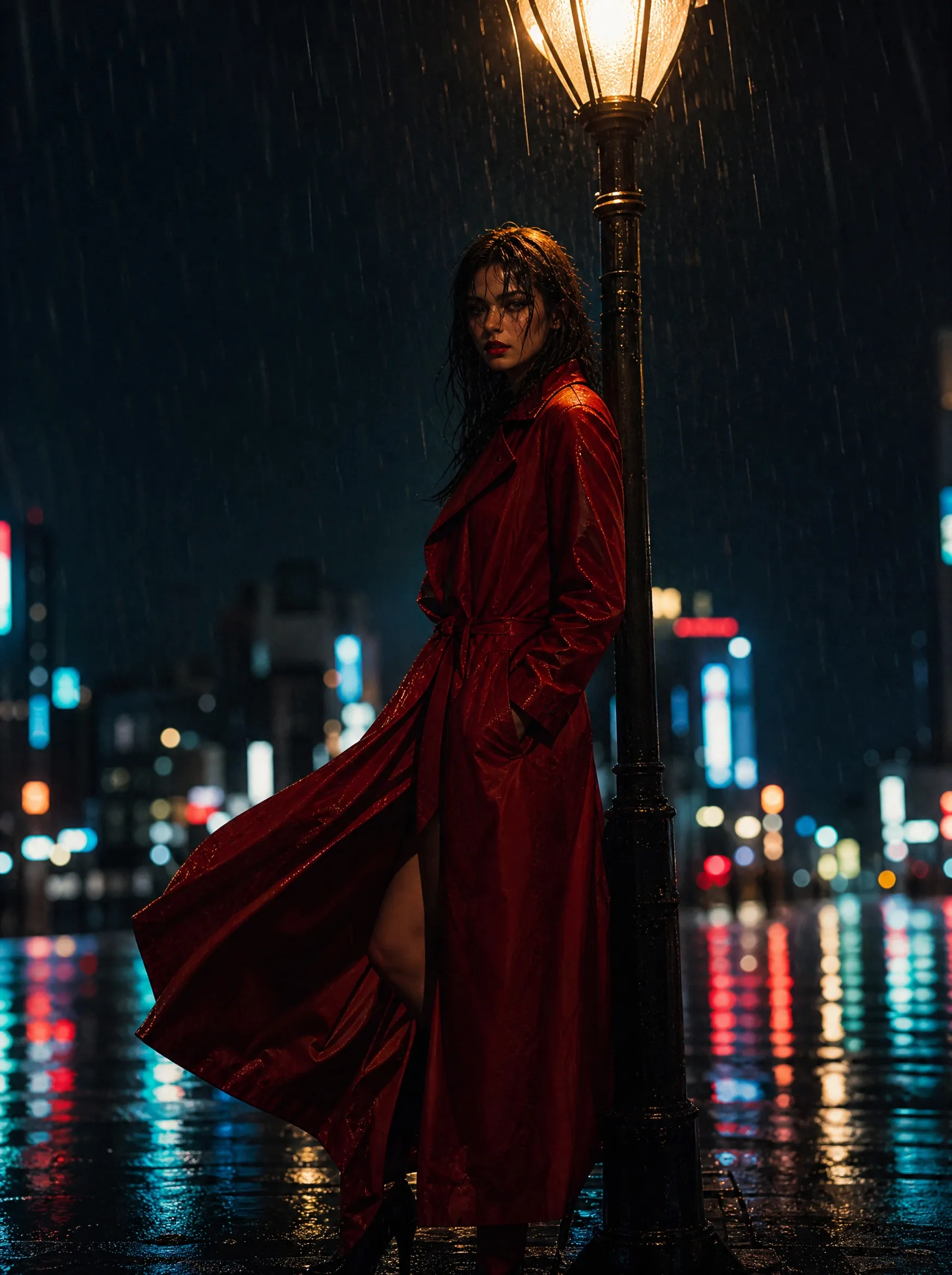 Red coat in the rain — AI generated image example